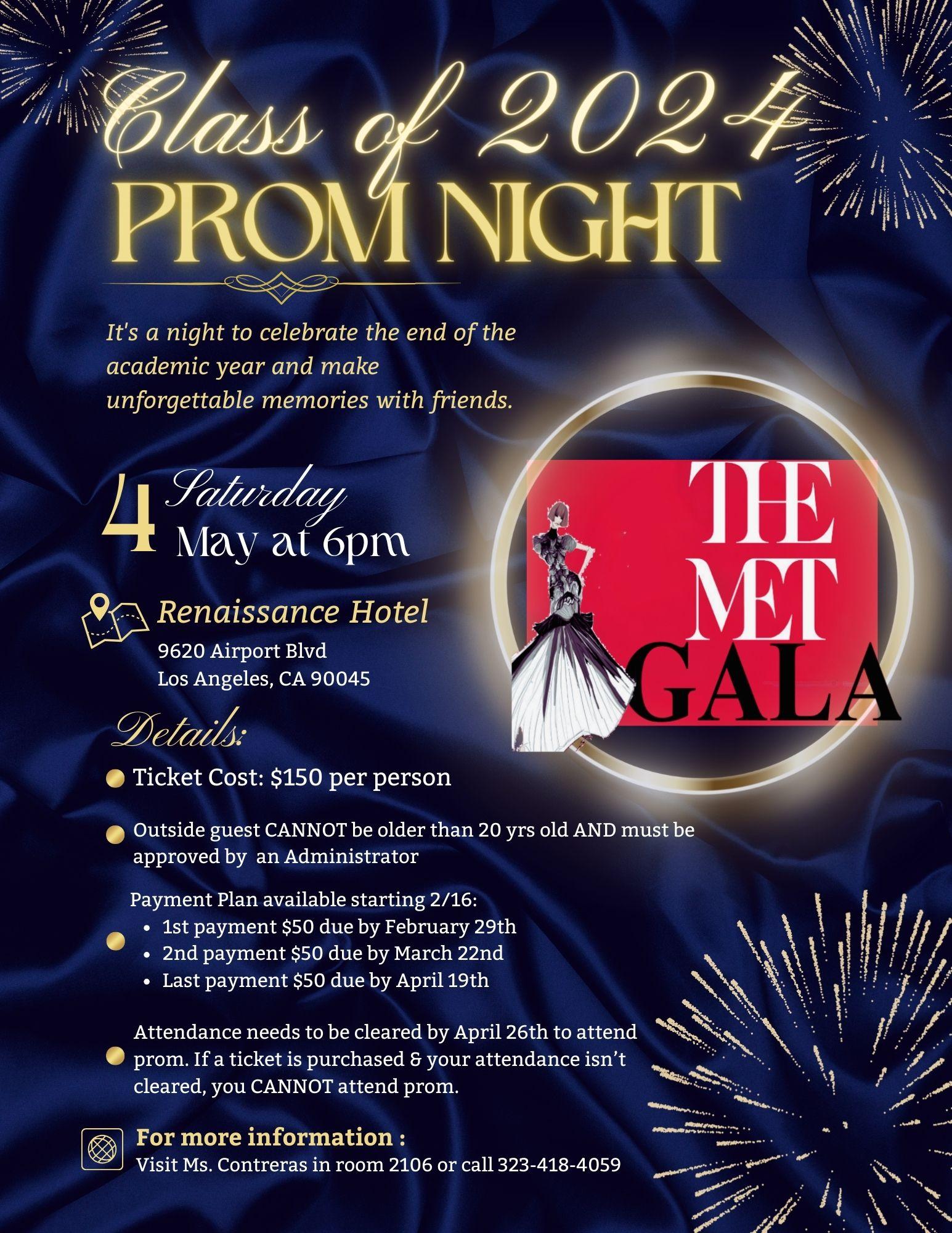 Prom flyer showing time, place, cost, guidelines